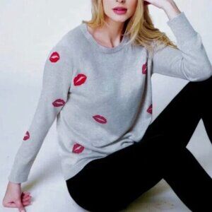 Blank Paige Kisses Lambswool Rabbit Cashmere Sweater Sz M Gray Novelty Lip Print